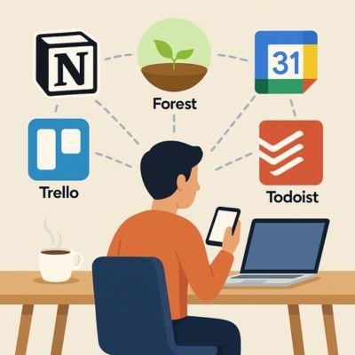 Ilustración de una persona en escritorio conectada a aplicaciones de productividad como Forest, Trello, Notion y Google Calendar mediante líneas de conexión.