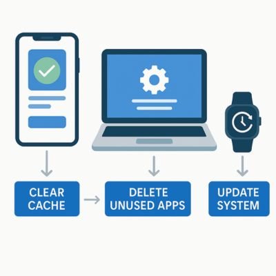 Optimizar el Rendimiento de tus Dispositivos Electrónicos.
Infografía de smartphone, tablet, notebook y smartwatch con acciones de optimización como borrar caché, actualizar apps y liberar espacio.