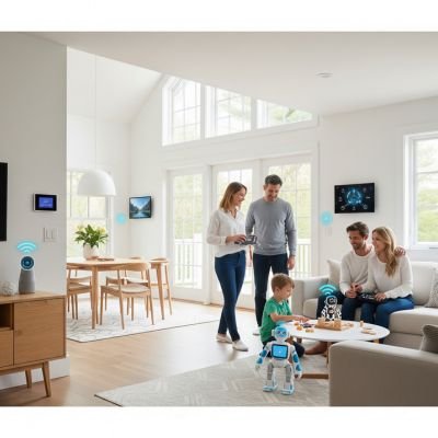 Una representación gráfica de un hogar inteligente, con un diseño moderno y minimalista, donde se muestra un panel de control centralizado que gestiona una red de dispositivos interconectados.