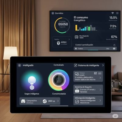 Imagen de un hogar inteligente con énfasis en la seguridad. En el exterior, se observan varias cámaras de seguridad de alta definición, con visión nocturna, instaladas en las esquinas de la casa y en la entrada principal, ofreciendo una cobertura completa del perímetro.